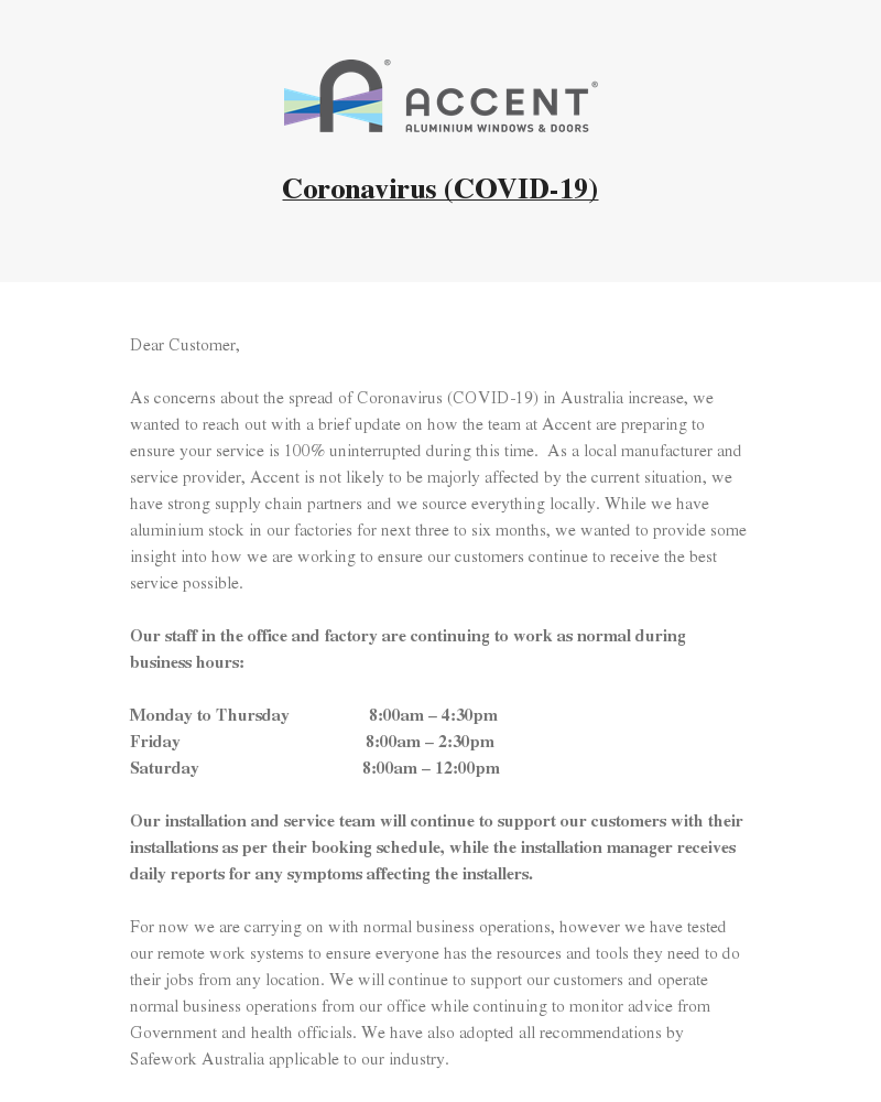 Accent Aluminium Windows And Doors- Covid Certificate